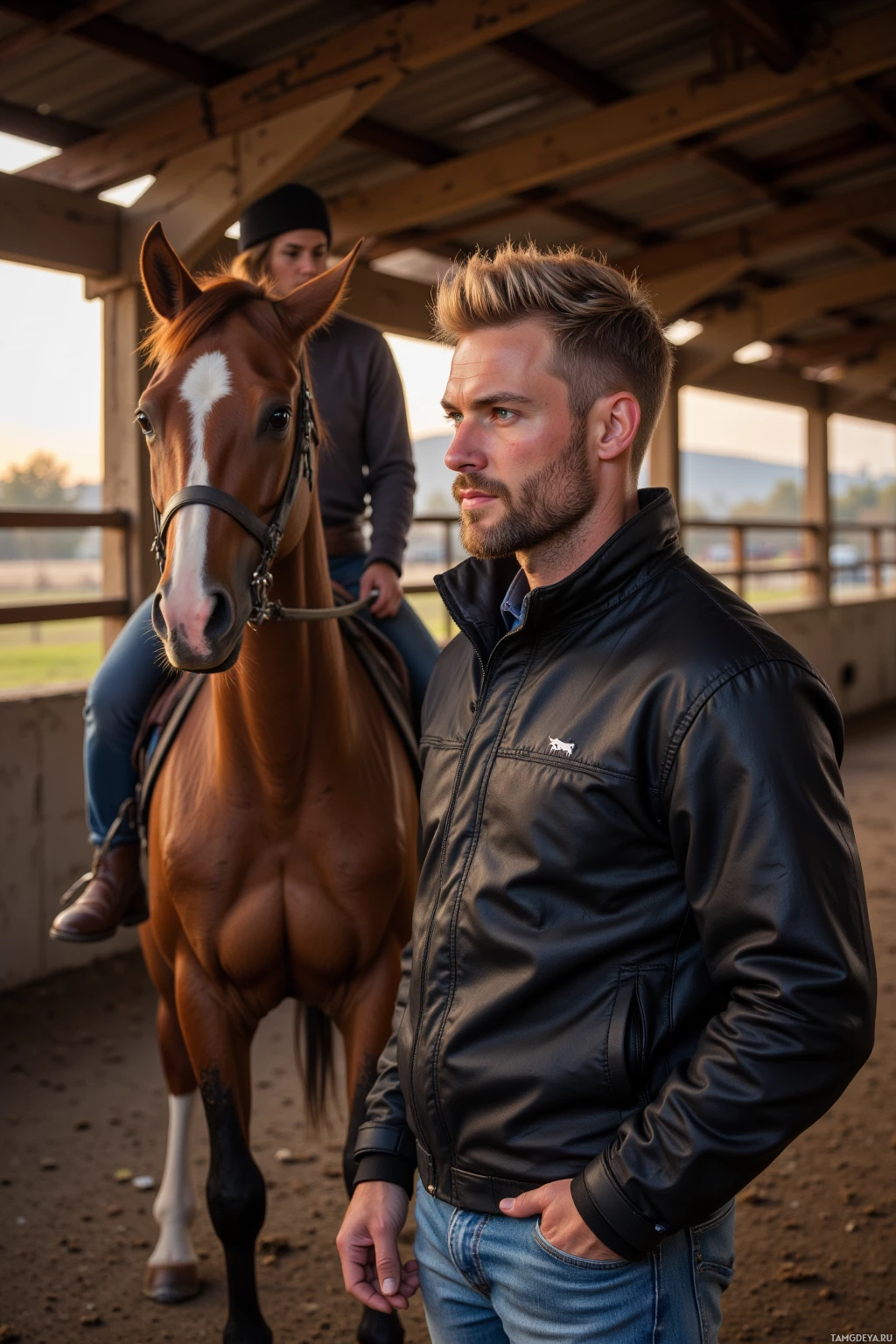 Realistic high quality photo. A 38‑year‑old man with short light blonde hair, blue eyes, athletic build and weathered confident expression, wearing a tailored riding jacket with a subtle horse silhouette pattern, rugged jeans and well‑worn leather boots, calmly coaching a new rider on a horse in a rustic barn at sunset behind a wooden fence, the horse’s ears lifted in a steady rhythm under soft evening light.