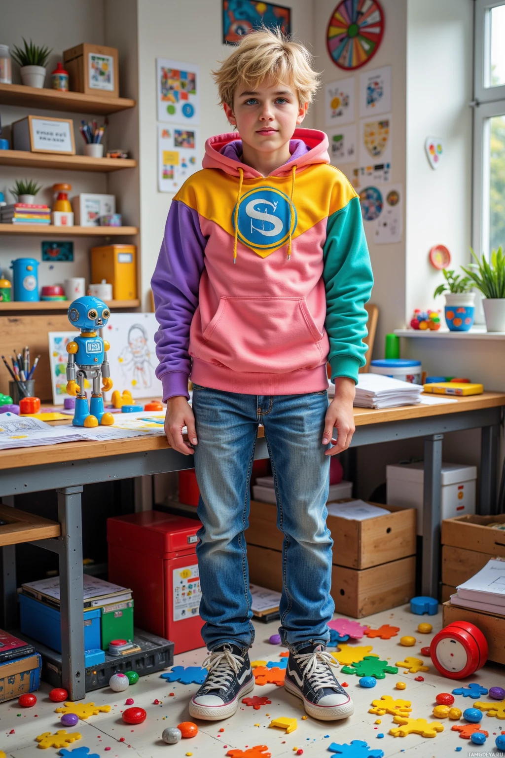 Мальчик стоит в яркой, аккуратной комнате, одетый в разноцветную толстовку и джинсы.