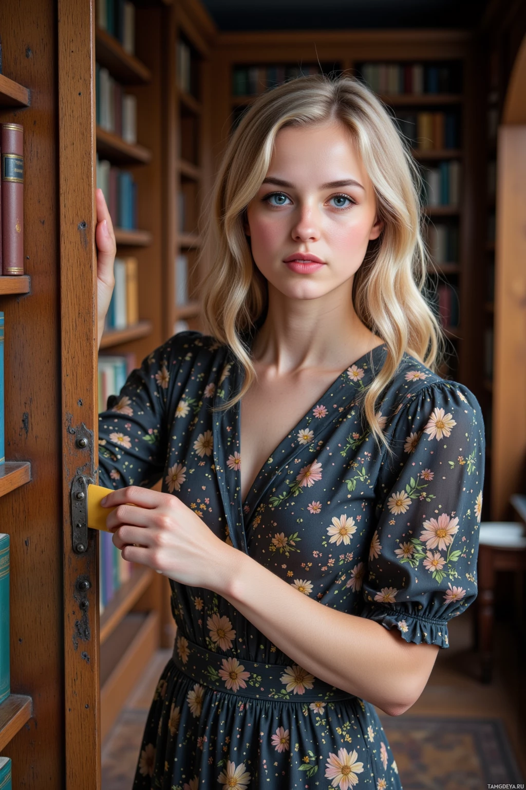 Realistic high quality photo. A whimsical 28‑year‑old woman with medium‑length wavy light blonde hair, bright blue eyes, smooth porcelain skin, wearing a vintage floral‑and‑polka‑dot dress cinched at the waist, standing in a quiet hallway lined with old wooden bookshelves, sliding a small folded envelope into a book hinge while a mismatched book spine is visible, hinting at a hidden door behind the shelves.