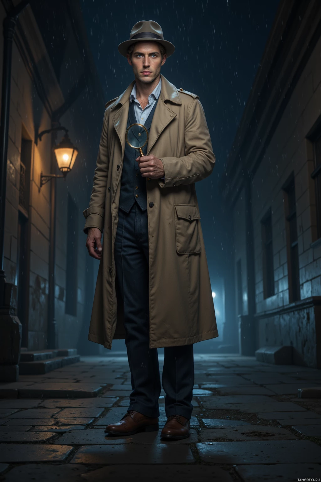 Мужчина в плаще и шляпе-федоре стоит на мощёной улице под дождём, держа в руках лупу.