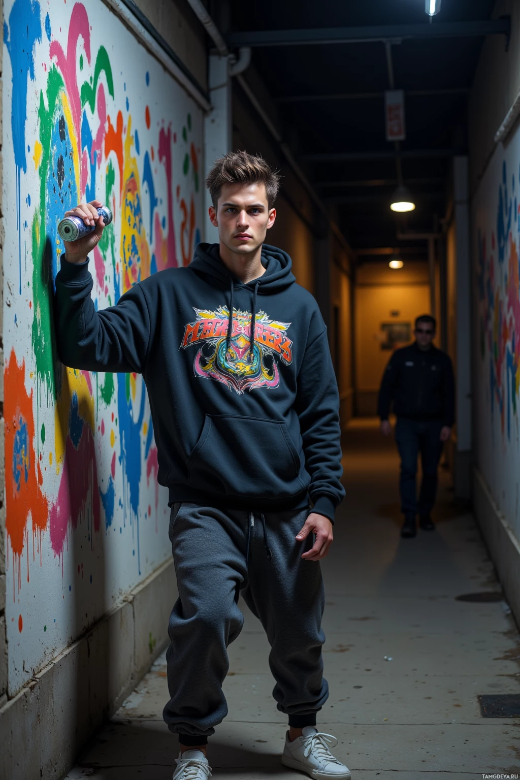 Молодой человек стоит в переулке, держа в руках баллончик с краской, одетый в толстовку и спортивные штаны.