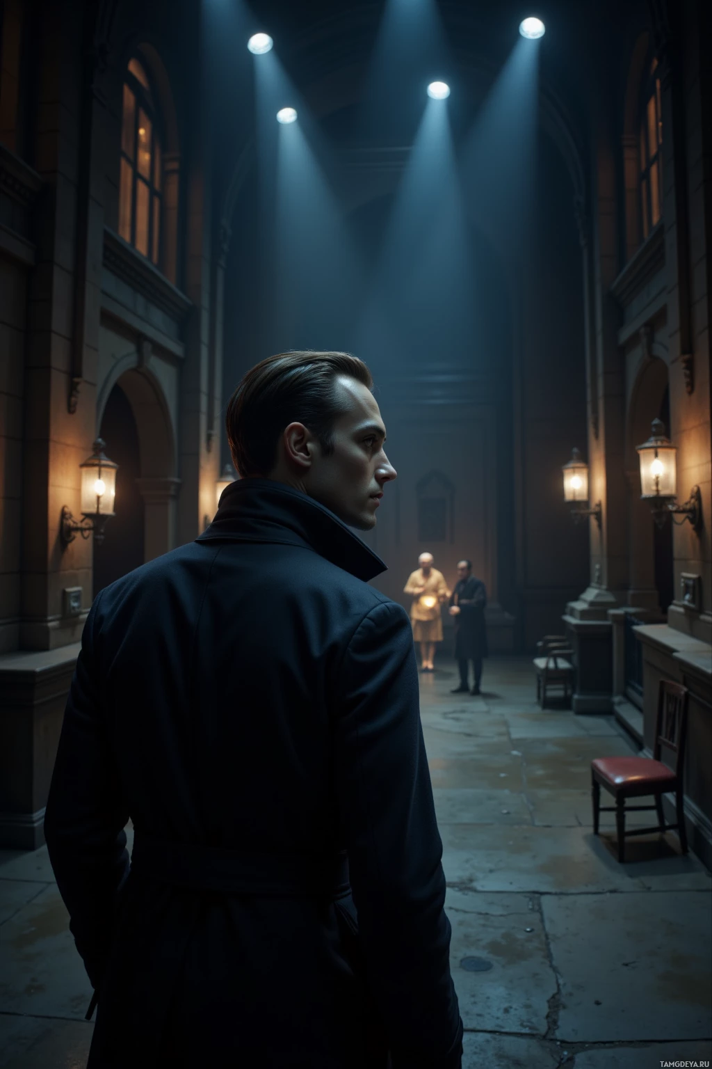 Realistic high quality photo. A 36‑year‑old man with light brown slicked hair, pale skin, icy blue eyes, wearing a tailored dark trench coat and crisp shirt, quietly observes a dimly lit theater stage at night, city lights bleeding through the windows, as actors whisper lines, an overturned chair and a flickering forgotten prop hint at mystery and subtle intensity.