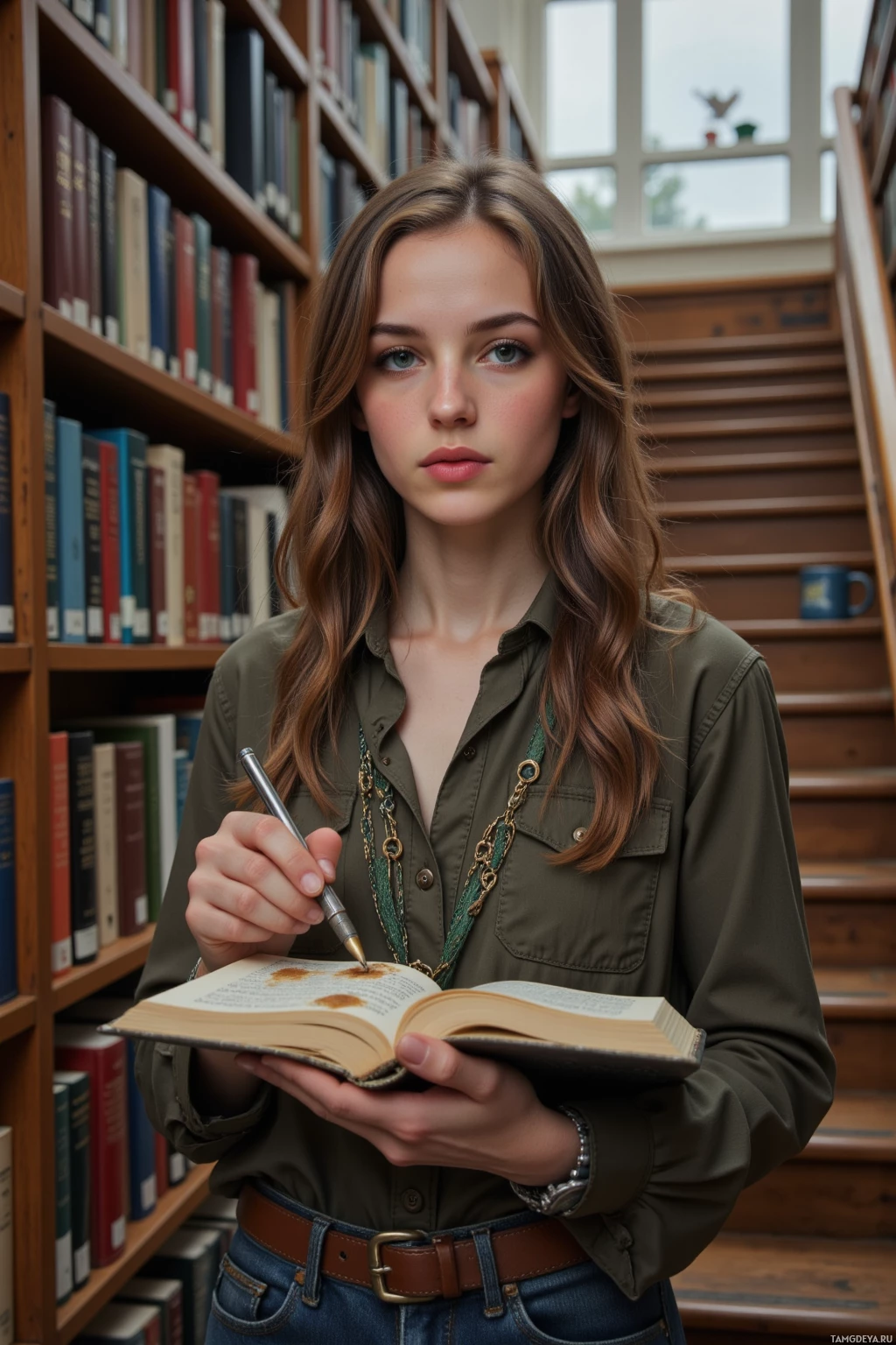 Человек в библиотеке держит открытую книгу и ручку.