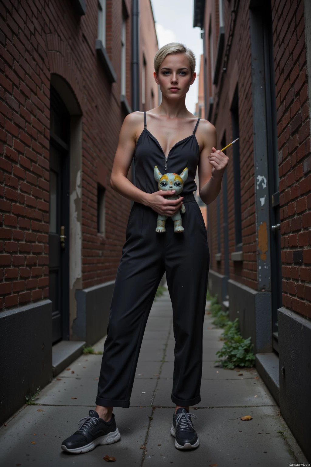 Человек стоит в переулке, держа в руках маленькую игрушку и кисть для рисования.