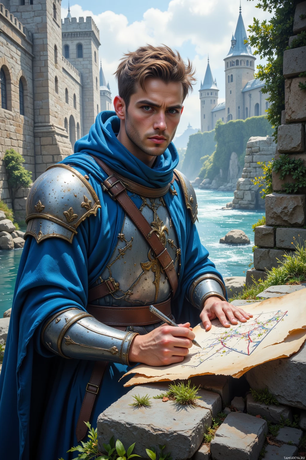 Рыцарь в синих доспехах и плаще стоит у реки, держа в руках карту и перо.