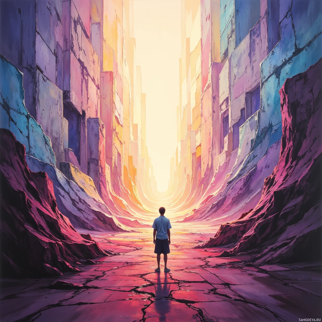 Человек стоит у входа в яркий, красочный туннель, ведущий к ослепительному свету в конце.