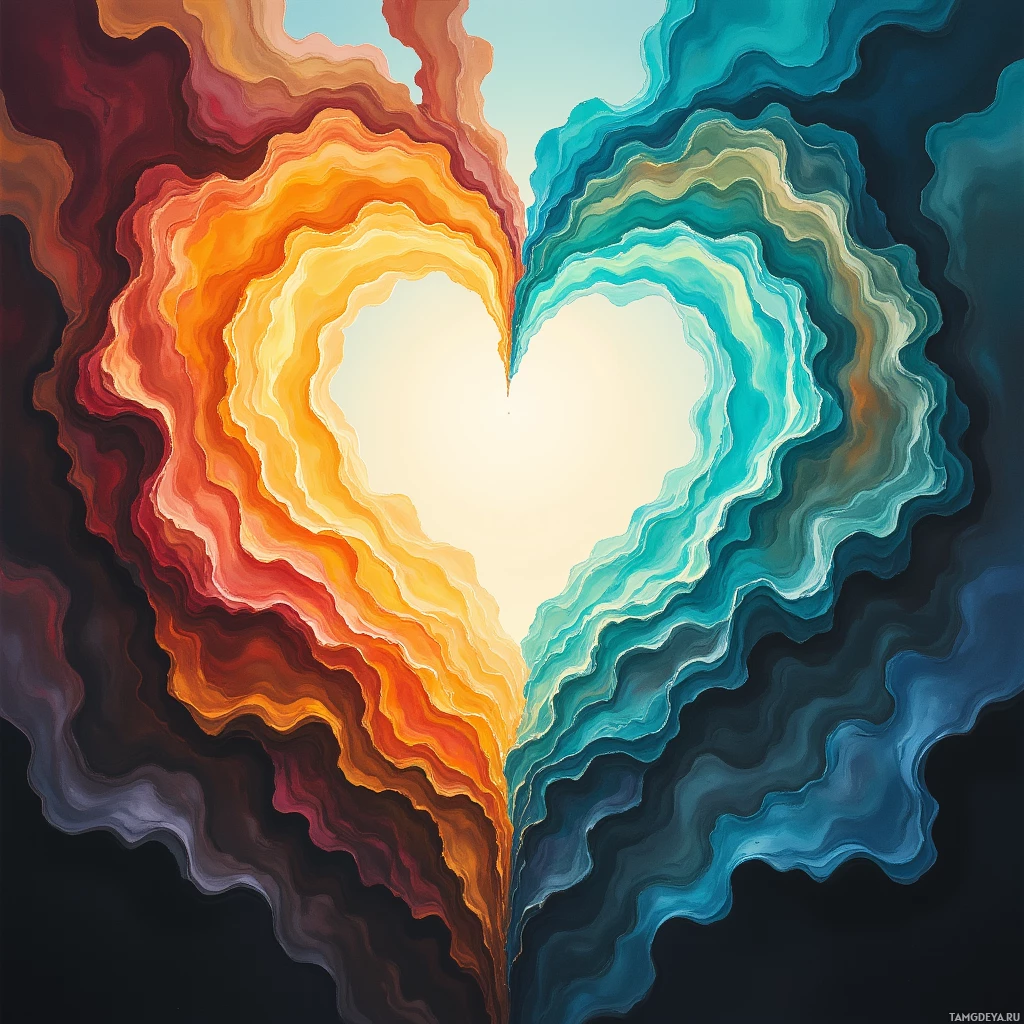 Яркая абстрактная работа в форме сердца с завихряющимися узорами в тёплых и холодных тонах.