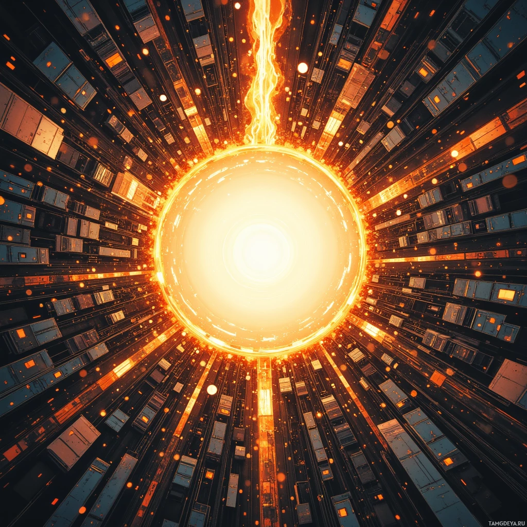 Яркий, светящийся центр излучает свет наружу, окружённый туннелеобразной конструкцией с прямоугочным узором.