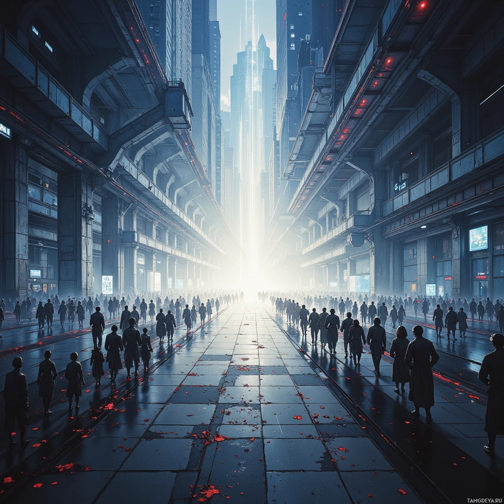 Semi-abstract image with many empty light space at center of beautiful background, that is suitable for the post:  Phalanx echo reverberates through steel traffic, as if the city itself marched toward tomorrow.