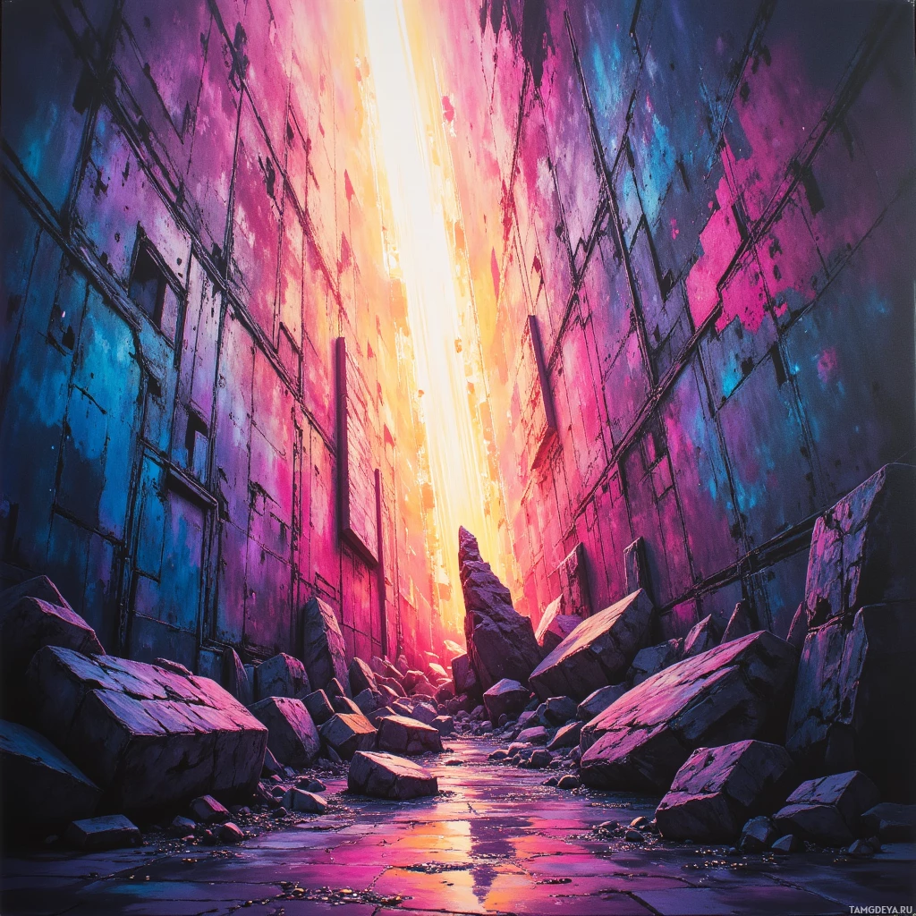 Яркий, сюрреалистичный переулок с красочными стенами и сияющим светом в конце.