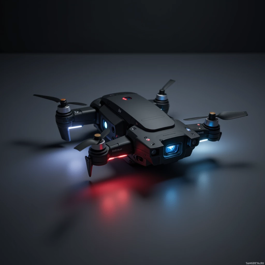 Изящный черный дрон с подсвеченными огнями выделяется на темном фоне.