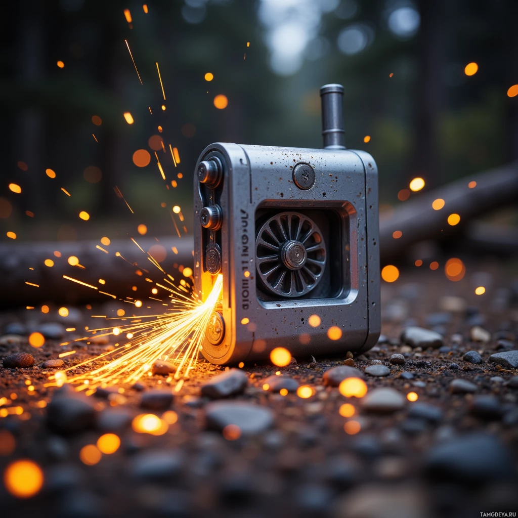 Semi-abstract image with many light, that is suitable for the post:  Compact chrome‑cased fire starter with titanium alloy body in ash‑gray, featuring a hand crank and rotating wheel that produces sparks, resembling a pocket forge.
