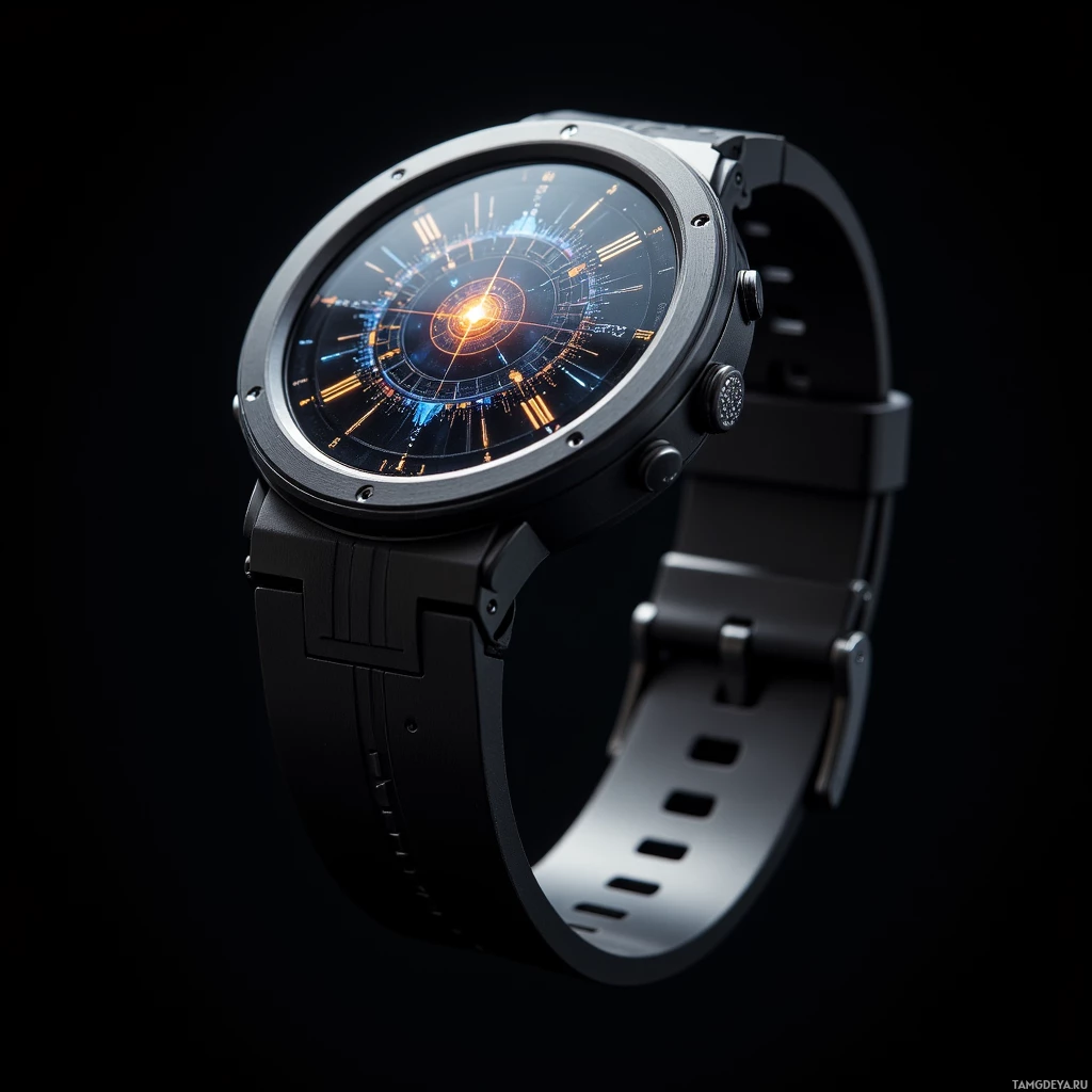 Футуристичные наручные часы с цифровым дисплеем и стильным черным ремешком.