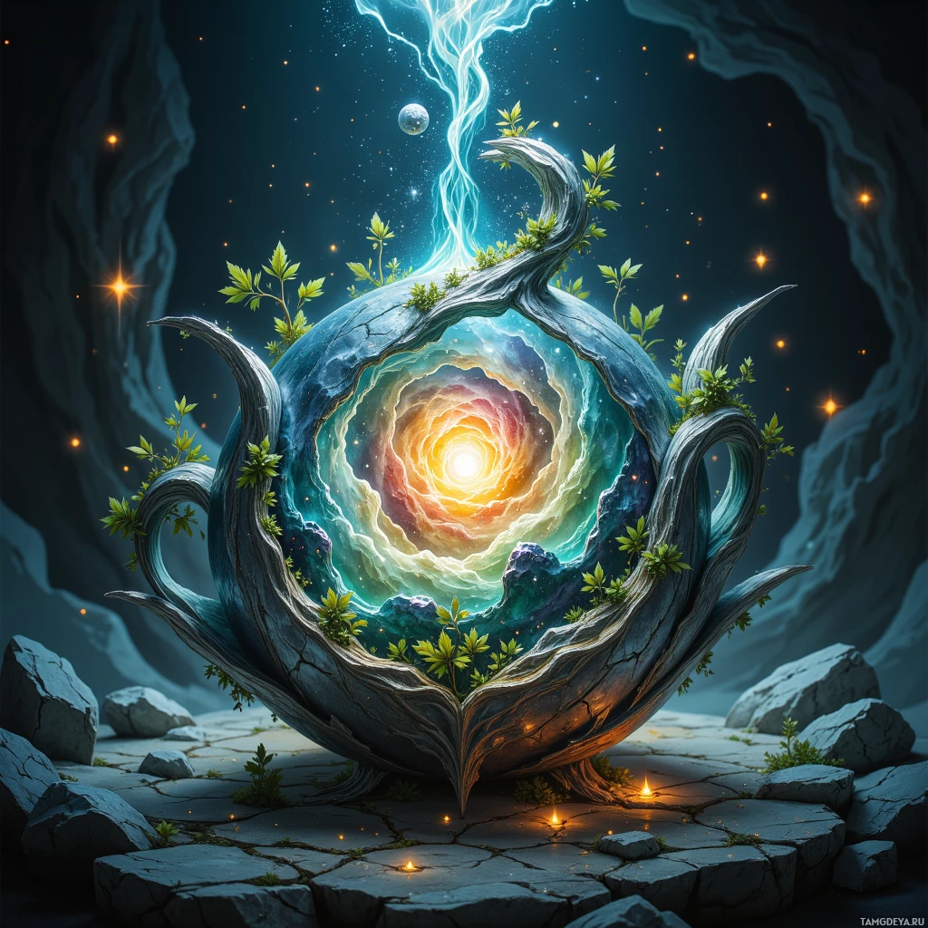Semi-abstract image with many light, that is suitable for the post:  Silver-tipped celestial vessel carved from a fallen star, its shell pulsing gentle silver glow, a miniature nebula swirling in shifting colors inside, delicate jade vines twining from the rim, and a soft, warm ember core radiating calm light.