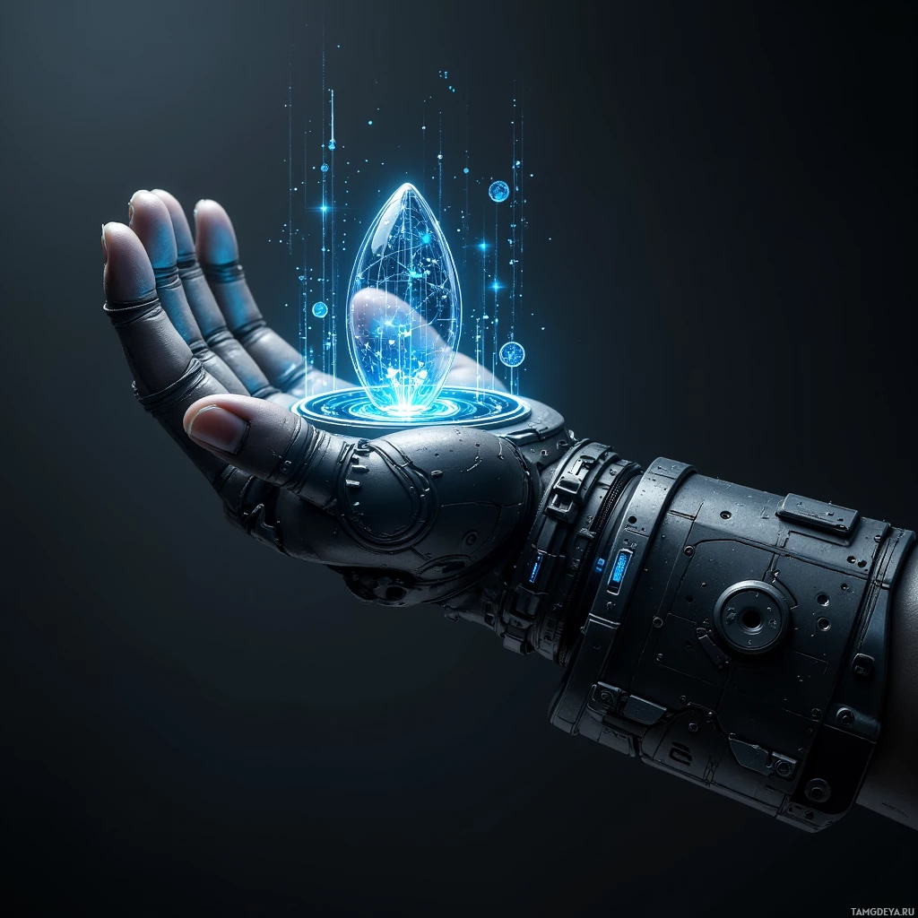 Semi-abstract image with many light, that is suitable for the post:  Sleek matte‑black wrist‑mounted AI device with a titanium frame, finger‑length folding design that expands into a holographic 3‑D battlefield map projection, compact pocket‑sized rocket‑like body.