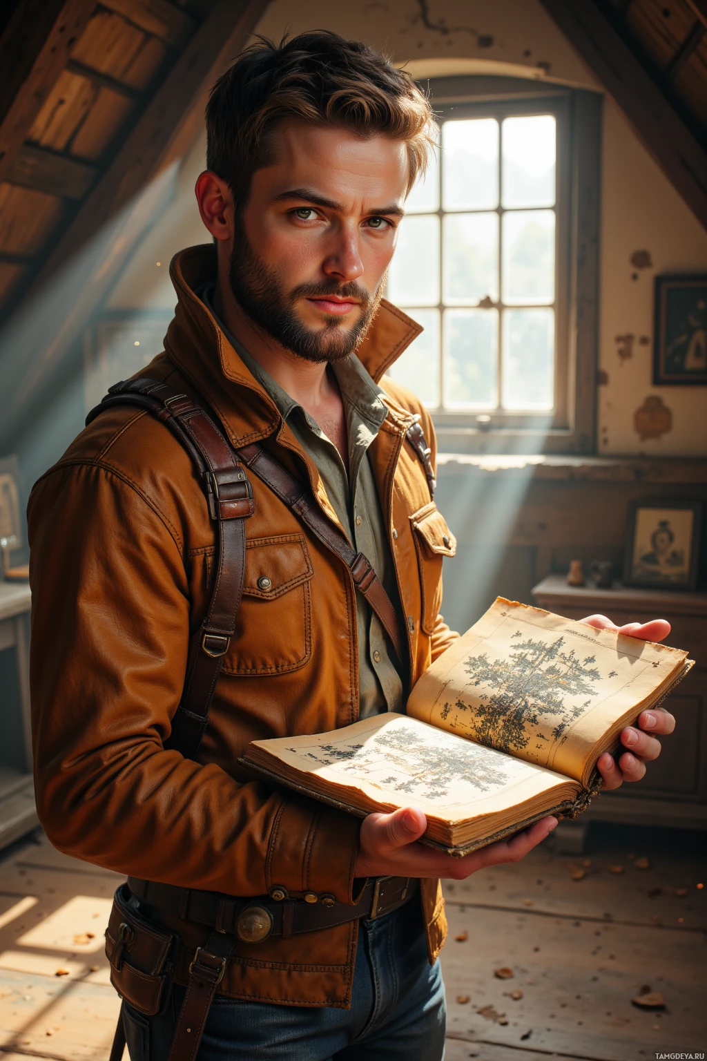 Мужчина в кожаной куртке держит старинную книгу в деревенской комнате, залитой солнечным светом из окна.