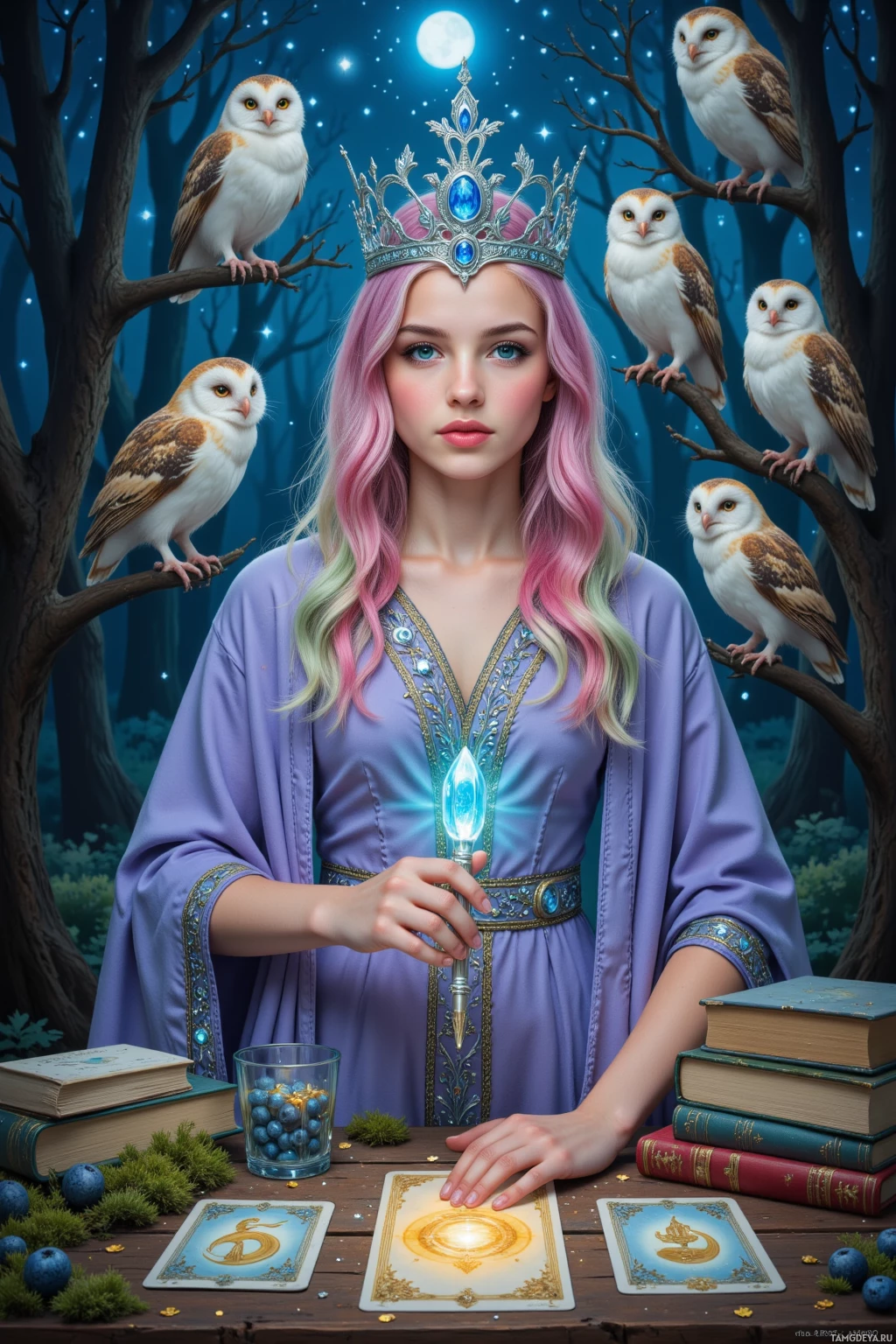 Realistic high quality photo. A young woman with pastel-colored wavy hair, sparkling blue eyes, pale glowing skin, wearing a glittering crown and flowing mystical robes, stands in a moonlit forest clearing at midnight surrounded by owls perched on branches, mapping constellations onto her cat's whiskers with a crystal wand, while a tarot spread on a mossy table transforms into a blueberry soufflé recipe, and she hides behind a stack of ancient spell books whispering to shadows with stars shimmering above.