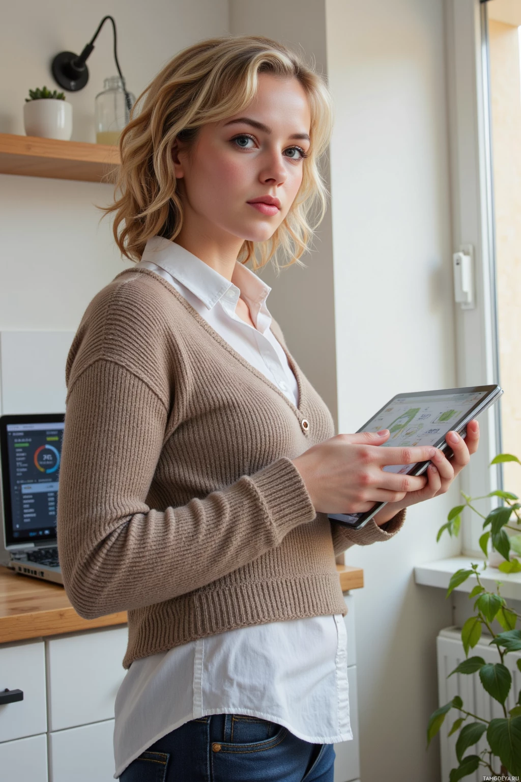 В помещении стоит женщина, держа в руках планшет. На заднем плане — ноутбук и комнатное растение.