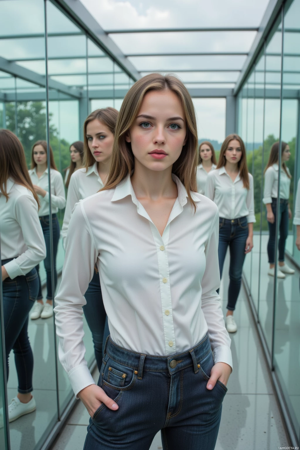 Женщина в белой рубашке и джинсах стоит перед зеркальной стеной, создавая отражения.