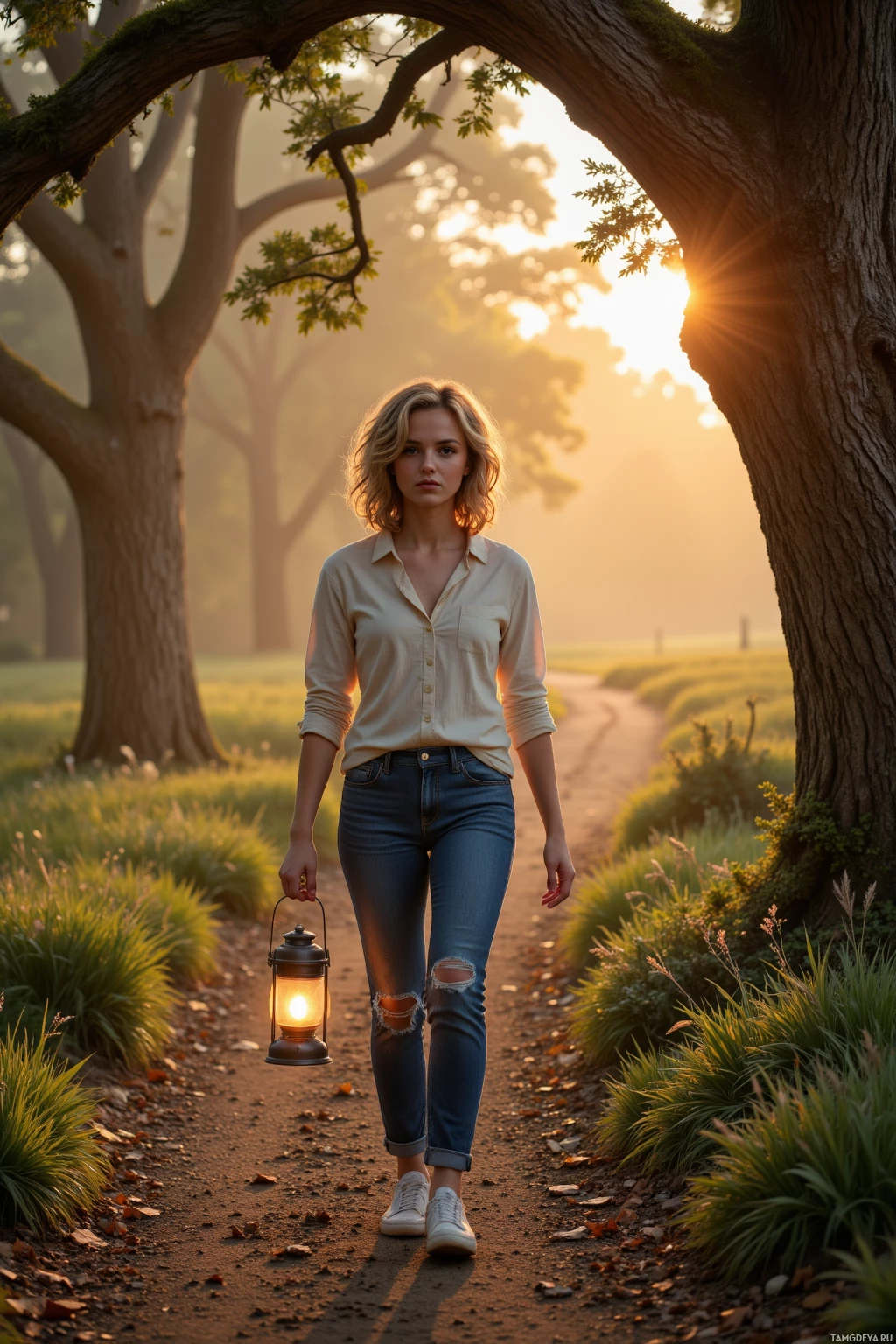 Realistic high quality photo. A young woman, 25, with curly blonde hair and bright blue eyes, wearing casual jeans and a light blouse, walking along a winding forest trail behind an ancient oak tree at dawn, carrying a softly glowing lantern, surrounded by gentle morning mist and warm sunrise light.