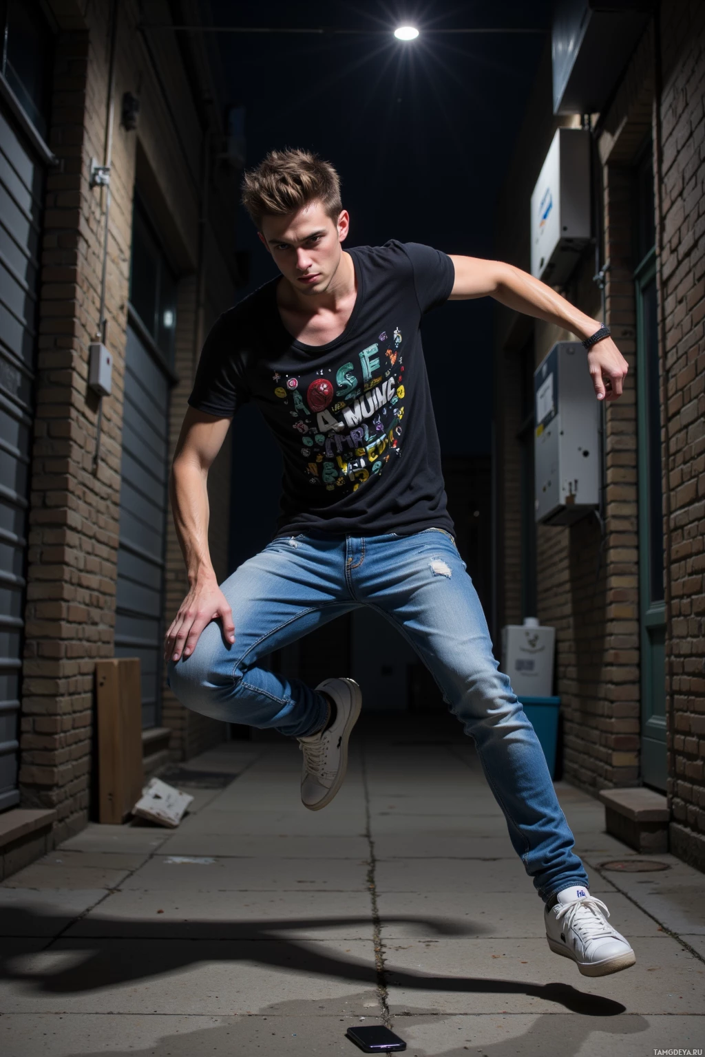 Realistic high quality photo. young man, 25, short spiky brown hair, pale skin, blue eyes, black graphic t‑shirt, denim jeans, white‑and‑black sneakers, mid‑air dance pose in a dim alleyway with brick walls and scattered boxes, his hand reaching for a lost phone on the concrete while a bass beat reverberates around him, energetic hip‑hop vibe, nighttime.