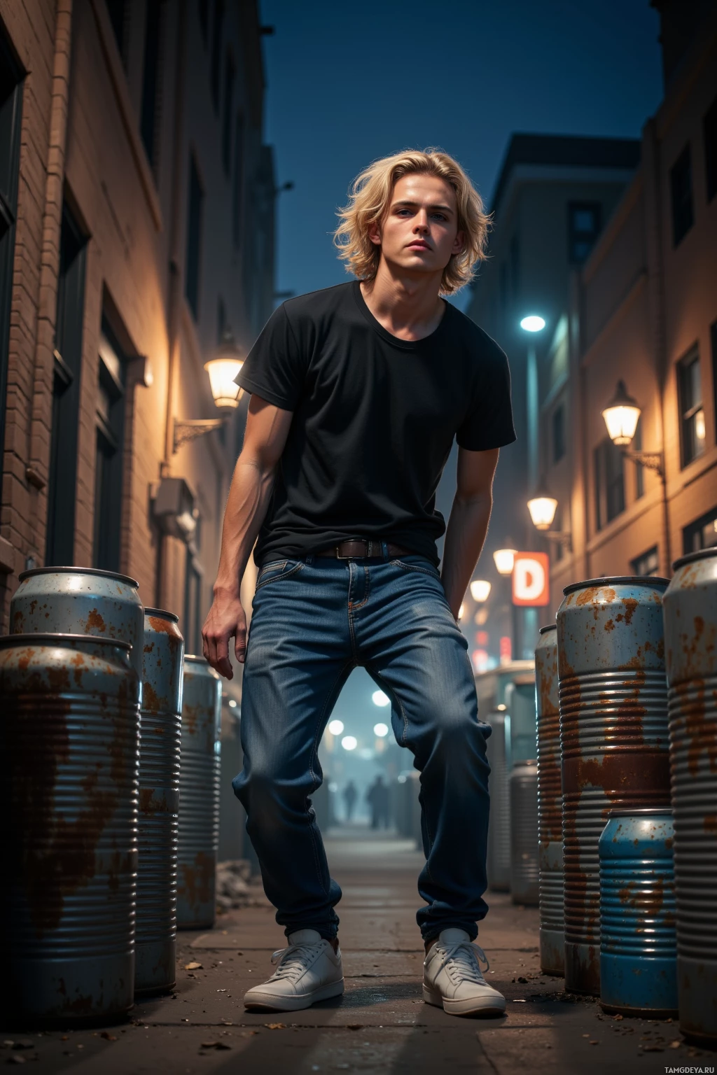 Realistic high quality photo. 21‑year‑old male hip‑hop artist with wavy blonde hair, blue eyes, pale complexion, sharp jawline, wearing a black T‑shirt, jeans, white sneakers, freestyling in a dim alley with flickering street lamps, surrounded by rusted metal cans arranged like a bass line while passing bus lights streak across the background, modern realism.