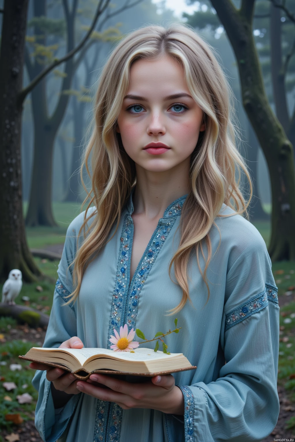 Молодая женщина с длинными светлыми волосами держит открытую книгу с цветком на обложке, стоя в туманном лесу.