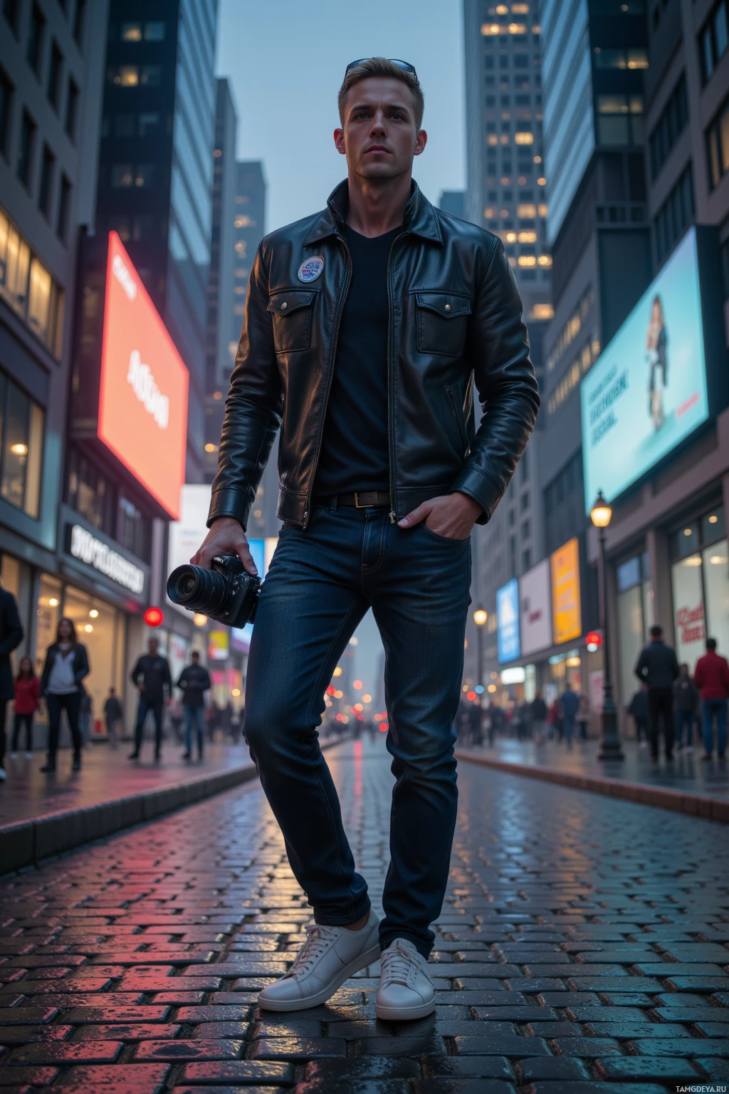 Realistic high quality photo. Male, 31, short blonde hair, blue eyes, fair skin, strong jawline, prominent nose, wearing a black leather jacket, dark jeans, white sneakers, press badge on collar, sunglasses on head, holding a DSLR, standing on a wet cobblestone curb in a modern city grid at night, streetlights flicker overhead, digital billboard screens glow, he pauses mid-sprint to breathe, city sounds muffled, horizon visible beyond buildings, calm yet alert posture.