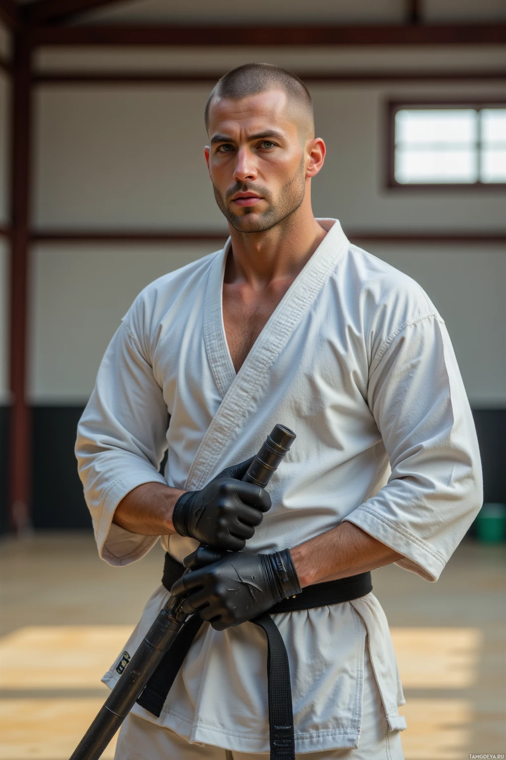 Realistic high quality photo. Male, 33, tall, clean‑shaven head, intense blue eyes, muscular, wearing a simple martial arts gi and black gloves, standing in a quiet indoor training hall with light‑colored floor mats, sweat on forearms, breathing in rhythm, holding nunchucks at his side, early morning light filtering through a high window.