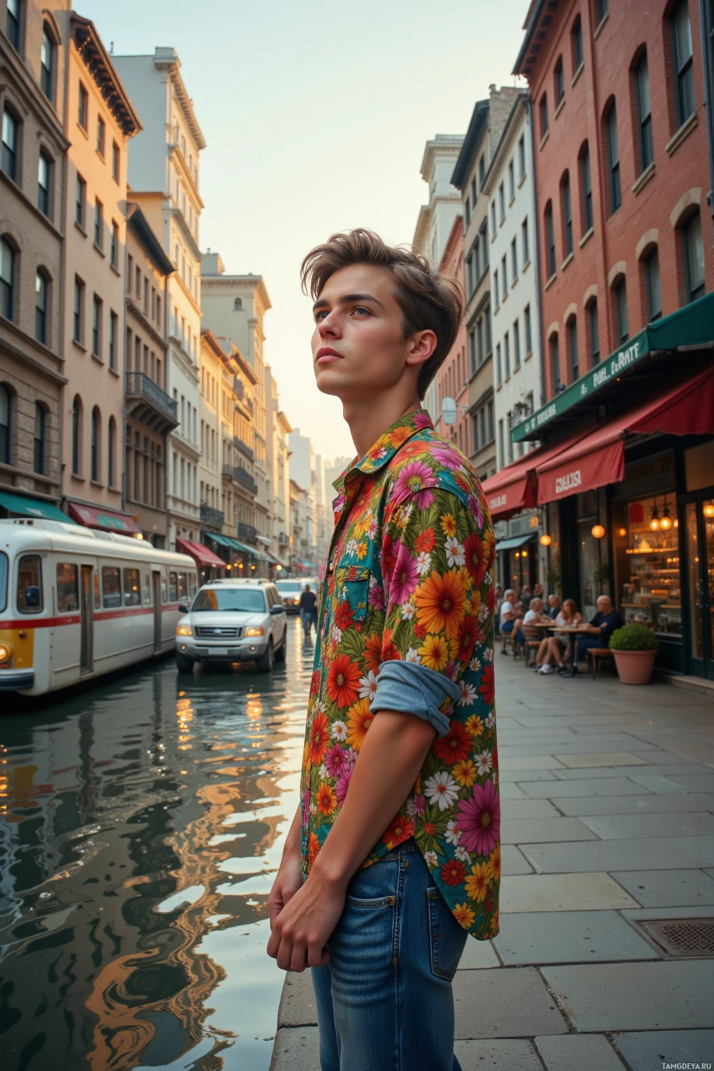 Realistic high quality photo. A young man with light brown hair, green eyes, wearing a colorful shirt and faded jeans, stands by a riverbank at sunrise humming a chord he found in a bookstore aisle, a napkin tucked in his pocket, a café counter in the background where he left a poem, a bus vanishing down the street, a train passing nearby, and an elevator door opening where he smiles and nods with a stranger, all in a bustling urban street scene.
