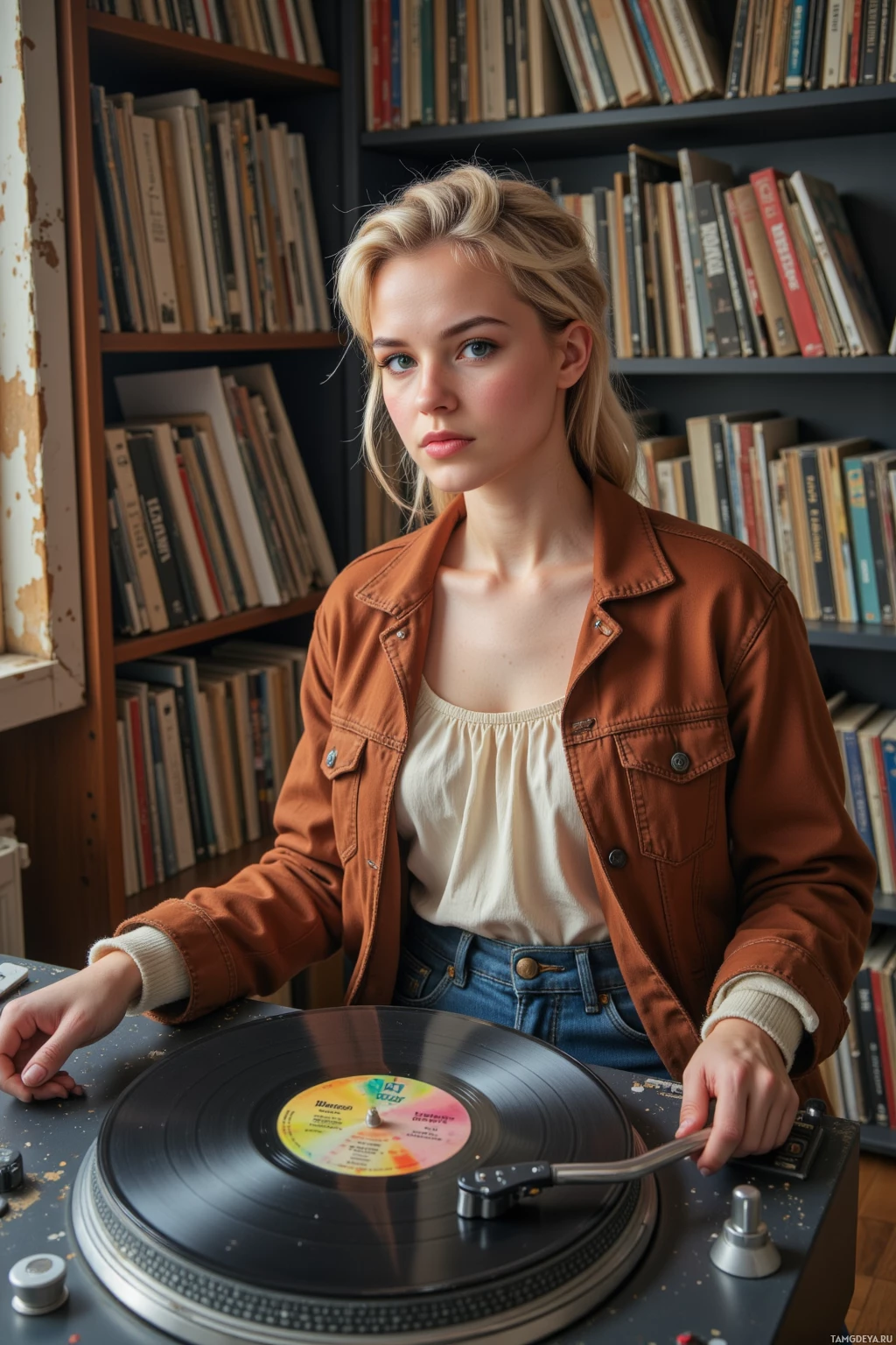 Realistic high quality photo. Female, 32, blonde vintage updo, warm hazel eyes, pale skin, wearing eclectic 1970s-inspired bell‑bottom jeans, flowy top, layered jackets, seated in a sunlit apartment with shelves of dusty vinyl records, turning a crackling vinyl on a turntable.