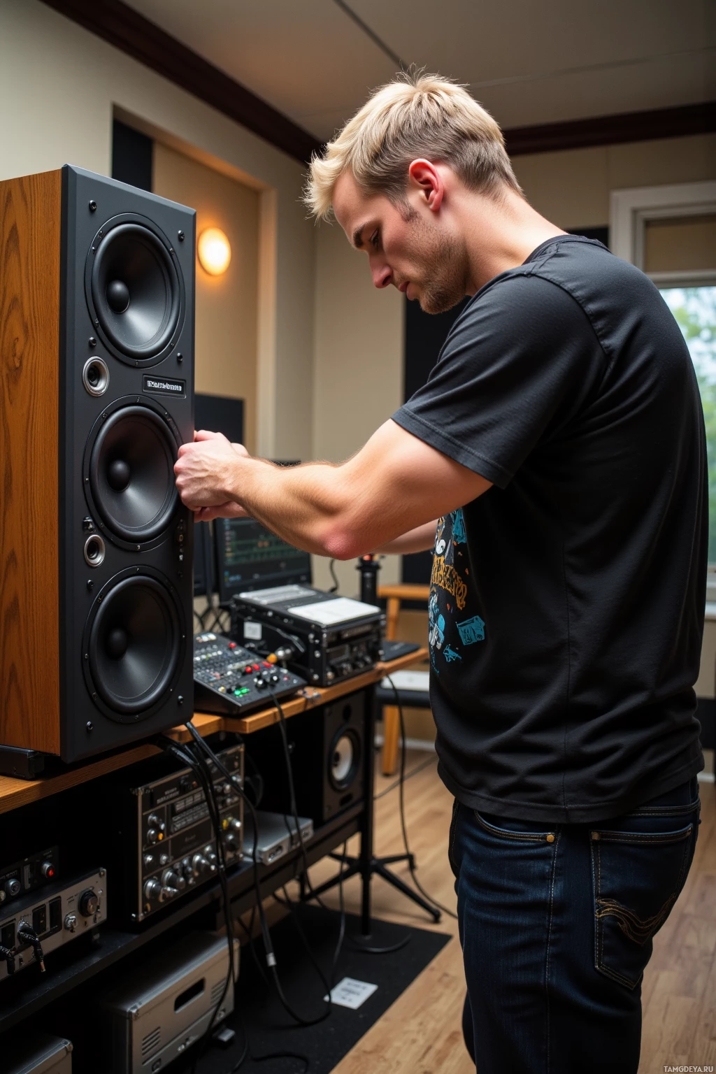 Realistic high quality photo. 44‑year‑old man with short blonde hair, blue eyes, pale skin, wearing a black graphic t‑shirt and dark jeans, standing in a modern sound‑isolated studio, adjusting a speaker driver with a calibration meter and cables in front of him under daylight.