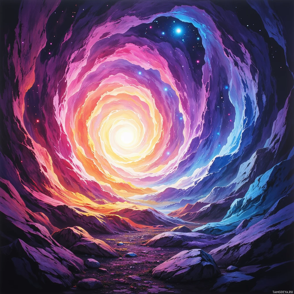 Яркая, космическая сцена с завихряющимся вихрем пурпурных и синих оттенков, ведущим к яркому, сияющему центру.