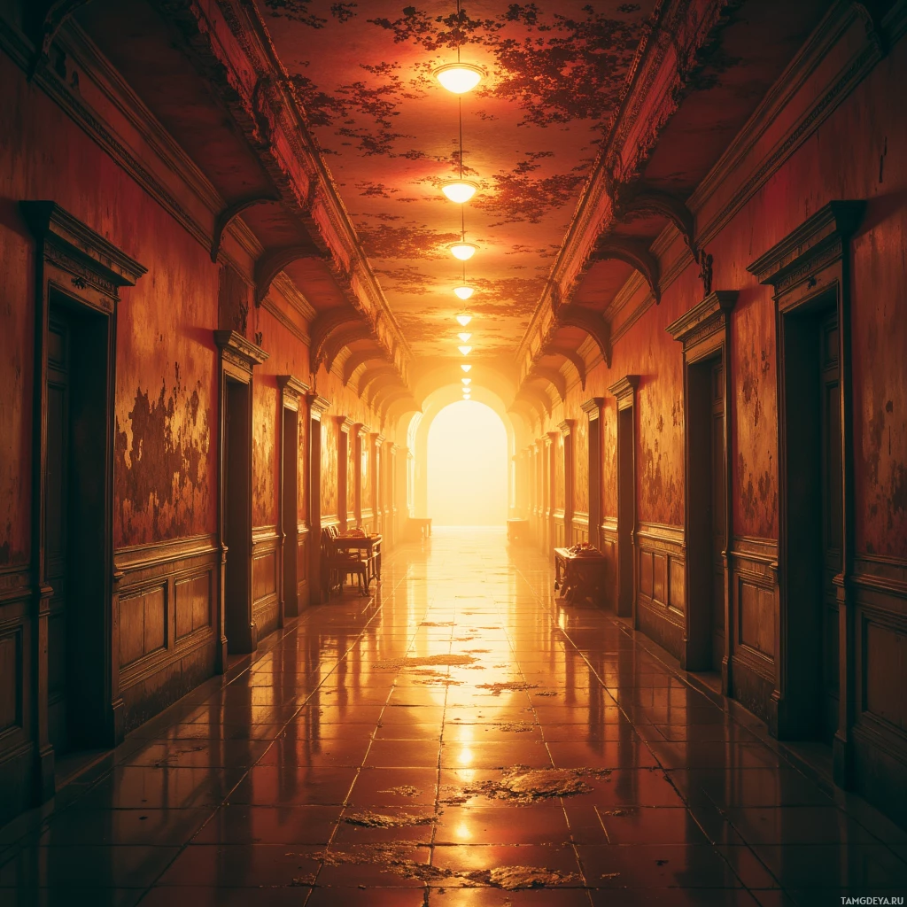 Semi-abstract image with many empty light space at center of beautiful background, that is suitable for the post:  The hallway lights flicker like a broken circuit: each flicker a reminder that order can be beautifully erratic.