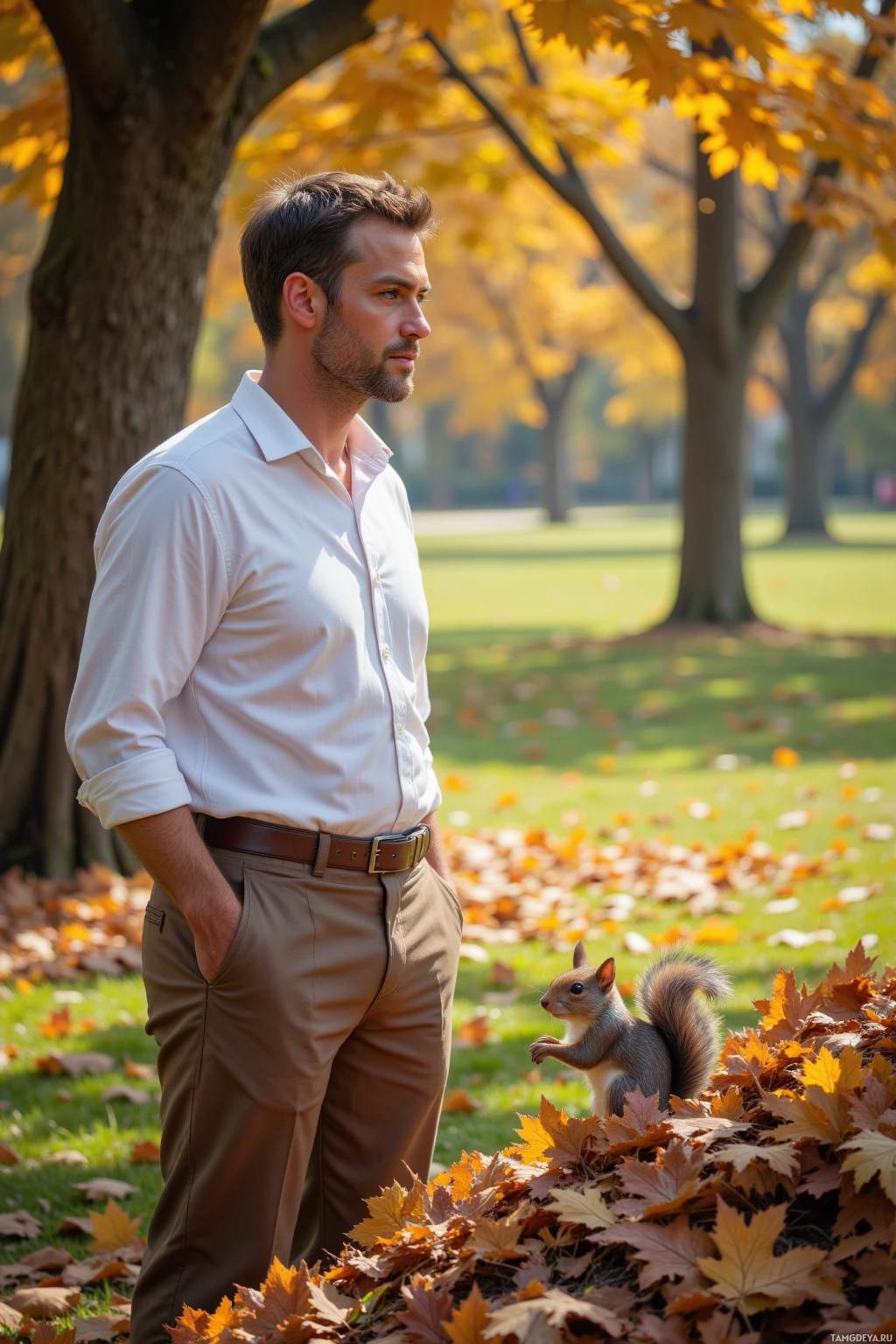 Realistic high quality photo. A 45‑year‑old man with short dark brown hair, blue eyes, calm expression, wearing a white shirt and brown pants, standing in a leafy park beside a pile of leaves, watching squirrels move acorns in the gentle breeze.