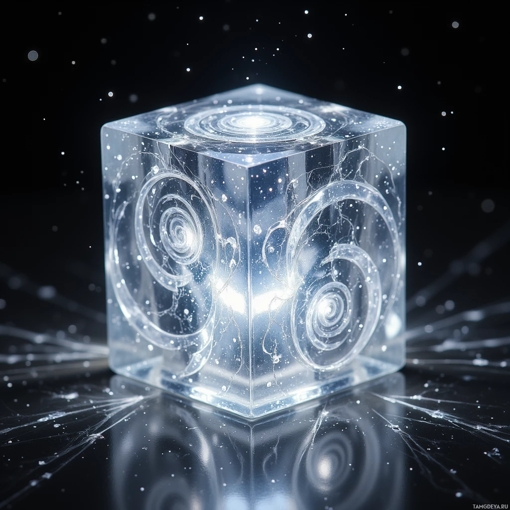 Semi-abstract image with many light, that is suitable for the post:  small silver crystal cube, facets catching light, etched with spiraling glyphs that subtly shift and glow, each surface revealing a new intricate pattern.