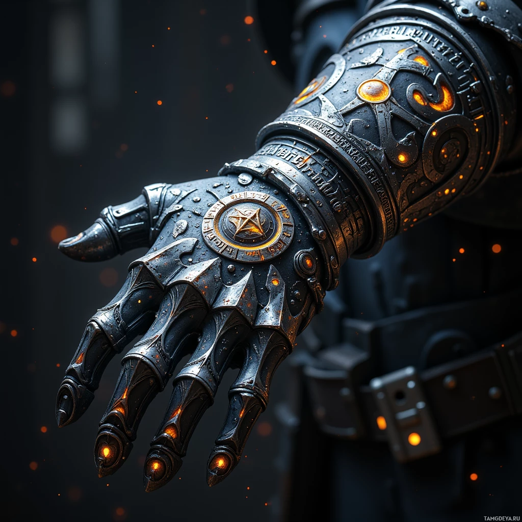 Semi-abstract image with many light, that is suitable for the post:  A silver and obsidian gauntlet with intricate etched runes that glow faintly, featuring an ornate blend of ancient metalwork and mystic sigils.