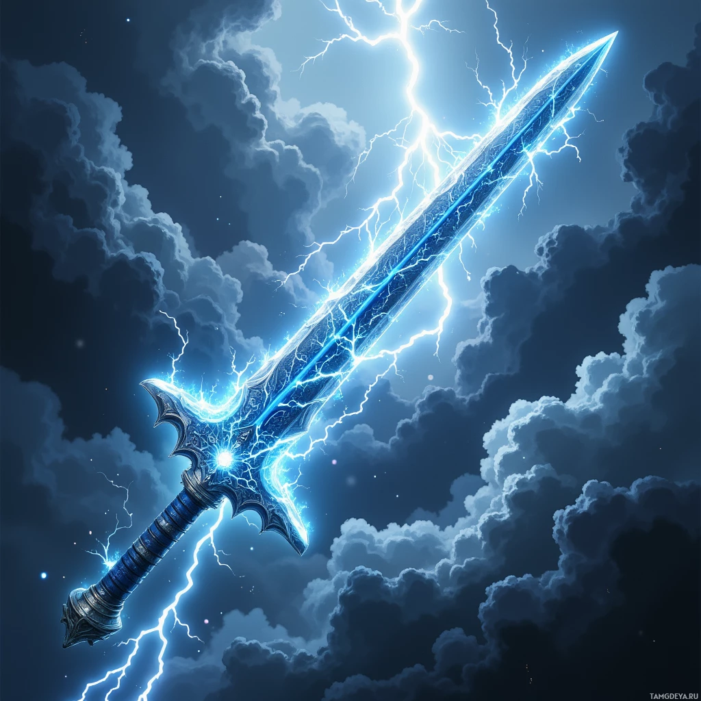 Semi-abstract image with many light, that is suitable for the post:  Stormblade forged in a dying storm: a translucent silver blade etched with luminous runes, a hilt wrapped in crackling storm‑silk that emits electric sparks, faint swirling thundercloud wisps, light blue and silver tones, dynamic lightning patterns, ethereal weightless aura.