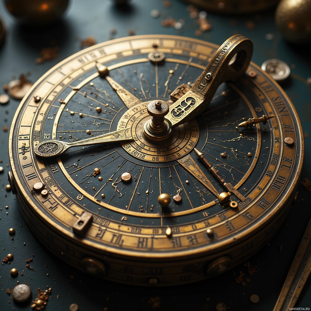 Semi-abstract image with many light, that is suitable for the post:  Tarnished bronze astrolabe with etched constellations that shift when tilted, polished brass hands glowing faintly, a subtle silver needle, matte patina, worn edges, celestial motifs.
