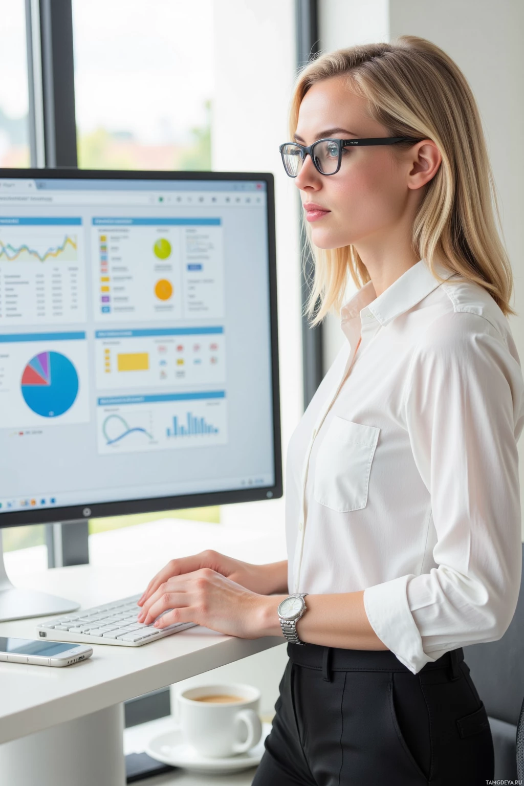 Realistic high quality photo. Female, 30, medium‑length blonde hair neatly styled, blue eyes behind rectangular glasses, wearing a crisp white blouse, tailored black pants, minimal wristwatch, standing at a tidy modern office desk under natural daylight, intently viewing a computer screen with perfectly aligned spreadsheets and a color‑coded task board while a small phone with reminder notifications rests on the desk, calm focused expression.