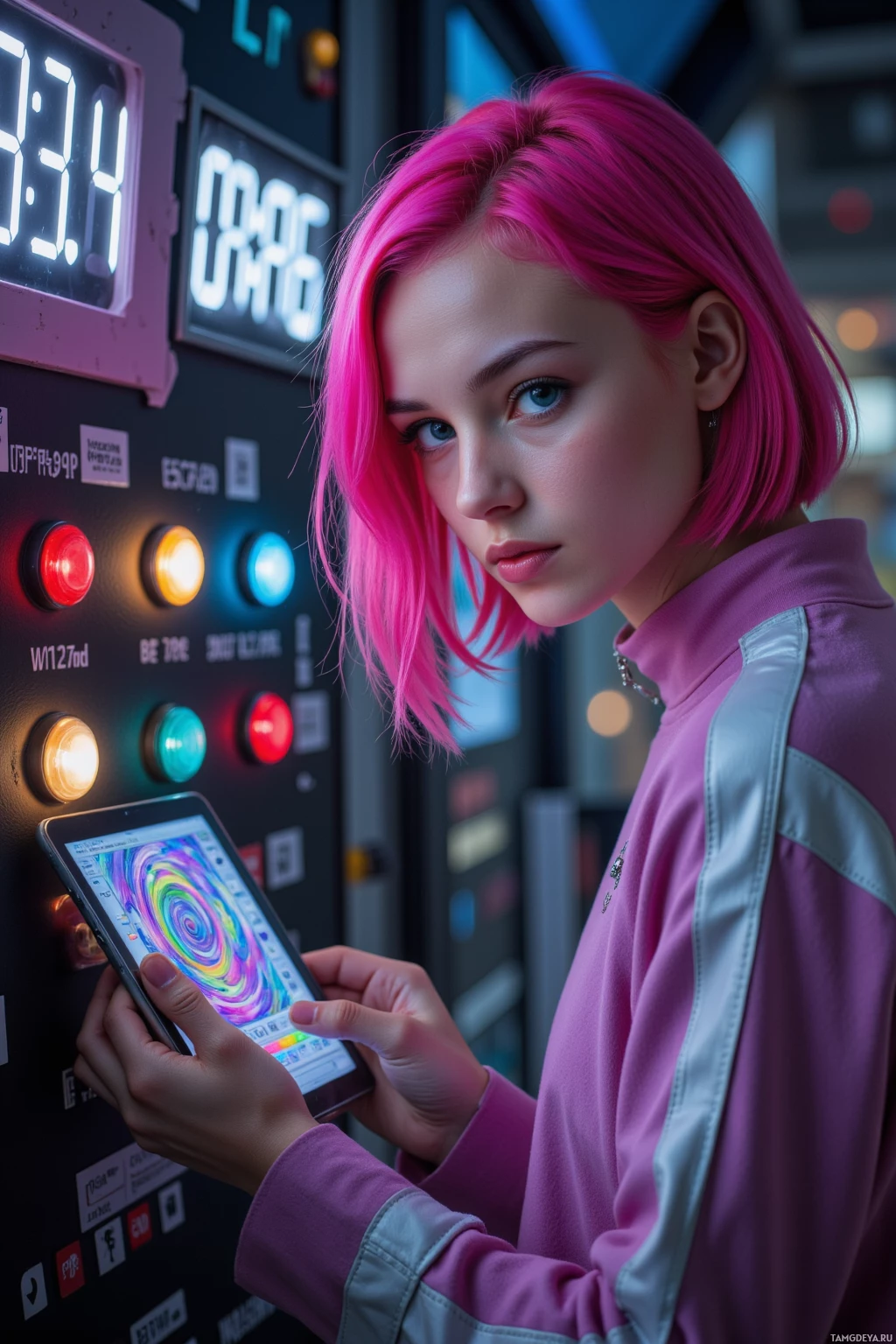 Realistic high quality photo. 21‑year‑old woman with bright pink angular bob and blue eyes, wearing silver‑trimmed streetwear with glowing accents, drafting a new color palette of #1F3E8D, #E3C71B, #FF2A4F on a tablet duct‑taped to a wall at midnight, the tablet screen shows a glitch loop and a digital clock reads 03:47.
