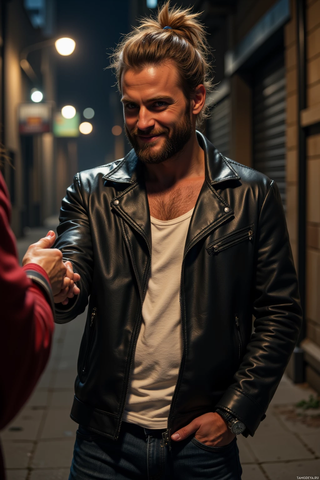 Realistic high quality photo. Rugged 29‑year‑old man with messy brown ponytail, scruffy blonde beard, blue eyes, olive skin, black leather jacket over a white tank top, dark jeans, silver watch, standing in a dim back alley turned stage at night, slyly grinning while shaking a stranger’s hand with slick fingers, city streetlights flickering overhead.