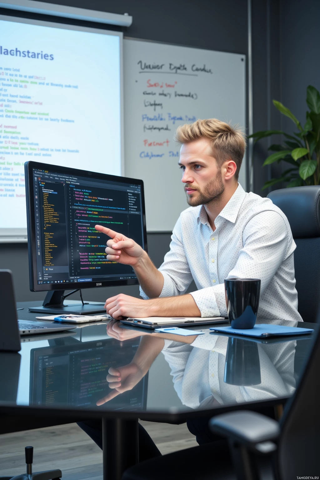 Realistic high quality photo. 32‑year‑old man with short blonde hair, sharp blue eyes, crisp white patterned shirt and tailored dark trousers sits at a glass conference table in a modern office, pointing at a computer screen full of a tangled stack trace while flipping through a spreadsheet of call hierarchies, a whiteboard behind him annotated with code snippets, a projector screen displaying a concise stakeholder deck, a steaming coffee mug beside him, his expression a mix of focused precision and playful sarcasm.