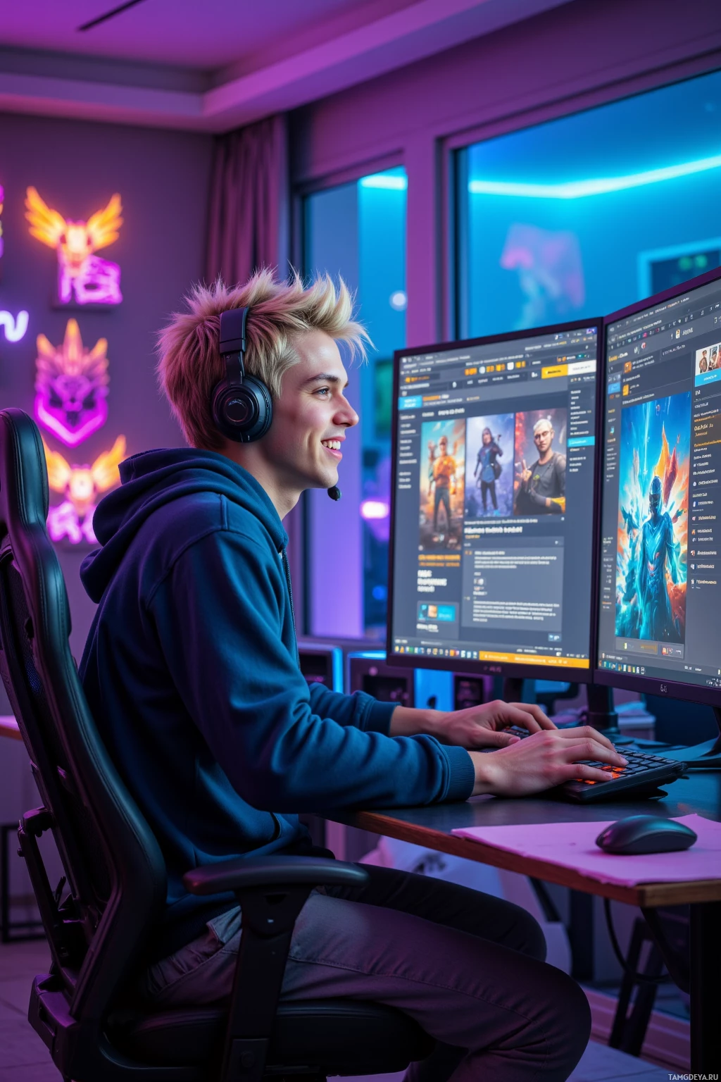 Человек в наушниках сидит за столом с двумя мониторами, вероятно, играет в игру или ведет стрим.