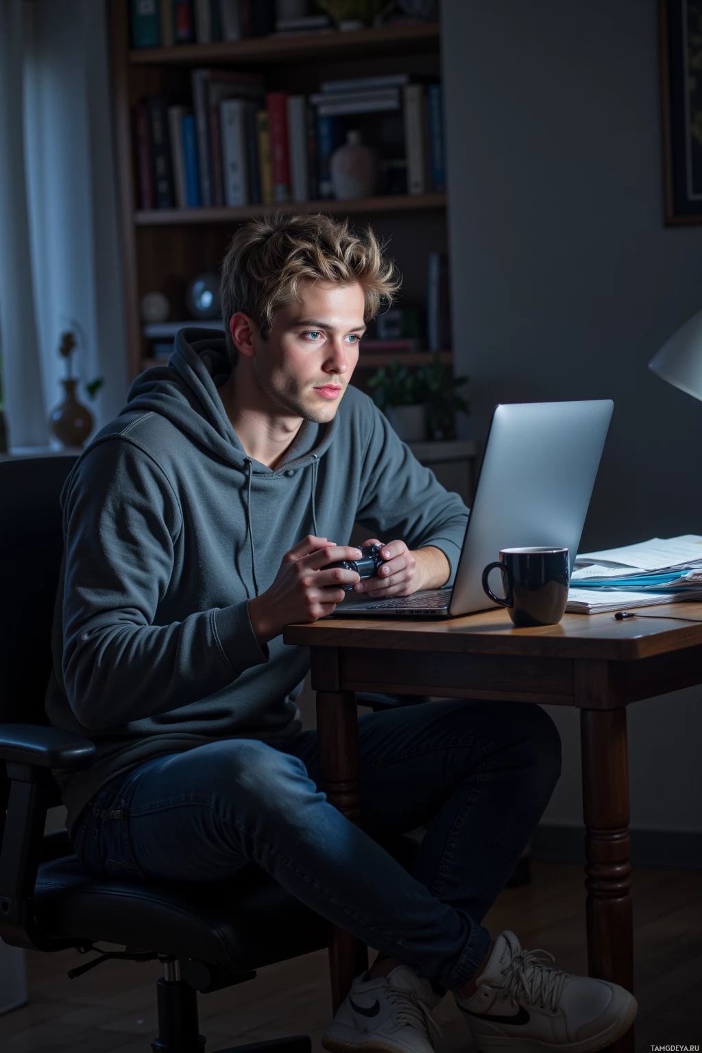 Realistic high quality photo. Man, 21, messy blonde hair, bright green eyes, wearing a loose gray hoodie and well‑worn sneakers, sits at a home desk with a laptop glowing in a dim living room, holding a game controller, surrounded by a stack of unpaid electric bills and a coffee mug, late evening, embodying casual procrastination and gaming enthusiasm.