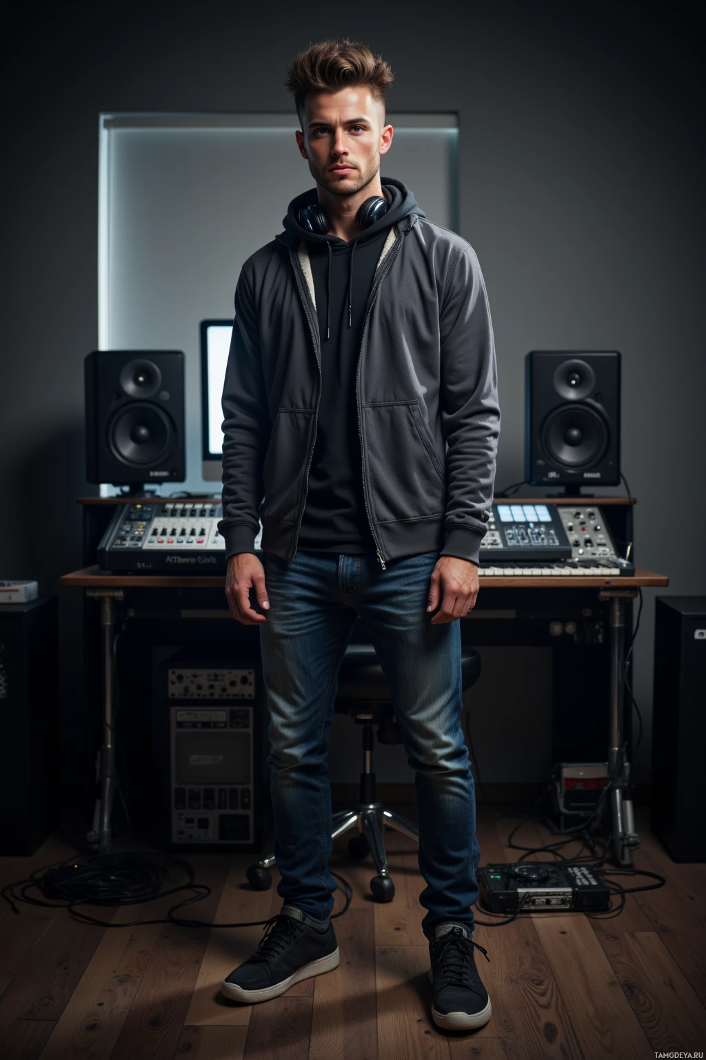 Realistic high quality photo. A 28‑year‑old man with brown hair on top, shaved sides, blue eyes, wearing a loose hoodie and sneakers, standing in a dimly lit studio surrounded by a mixing console, tangled cables, headphones, and a quiet, post‑chaos atmosphere, his intense focus and restless energy evident.