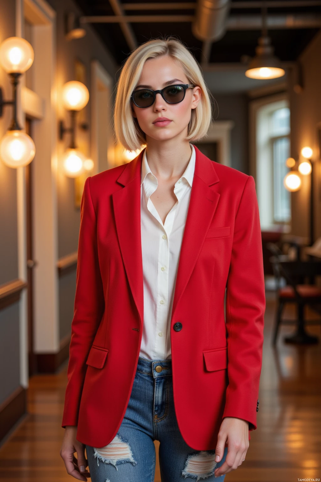 Realistic high quality photo. Platinum blonde woman, 25, short bob, bright blue eyes, fair porcelain skin, wearing a bold red blazer over a white blouse and ripped denim jeans, black sunglasses and statement earrings, striding confidently down a studio hallway illuminated by warm glowing lights, her expression a blend of fierce confidence and subtle hesitation.