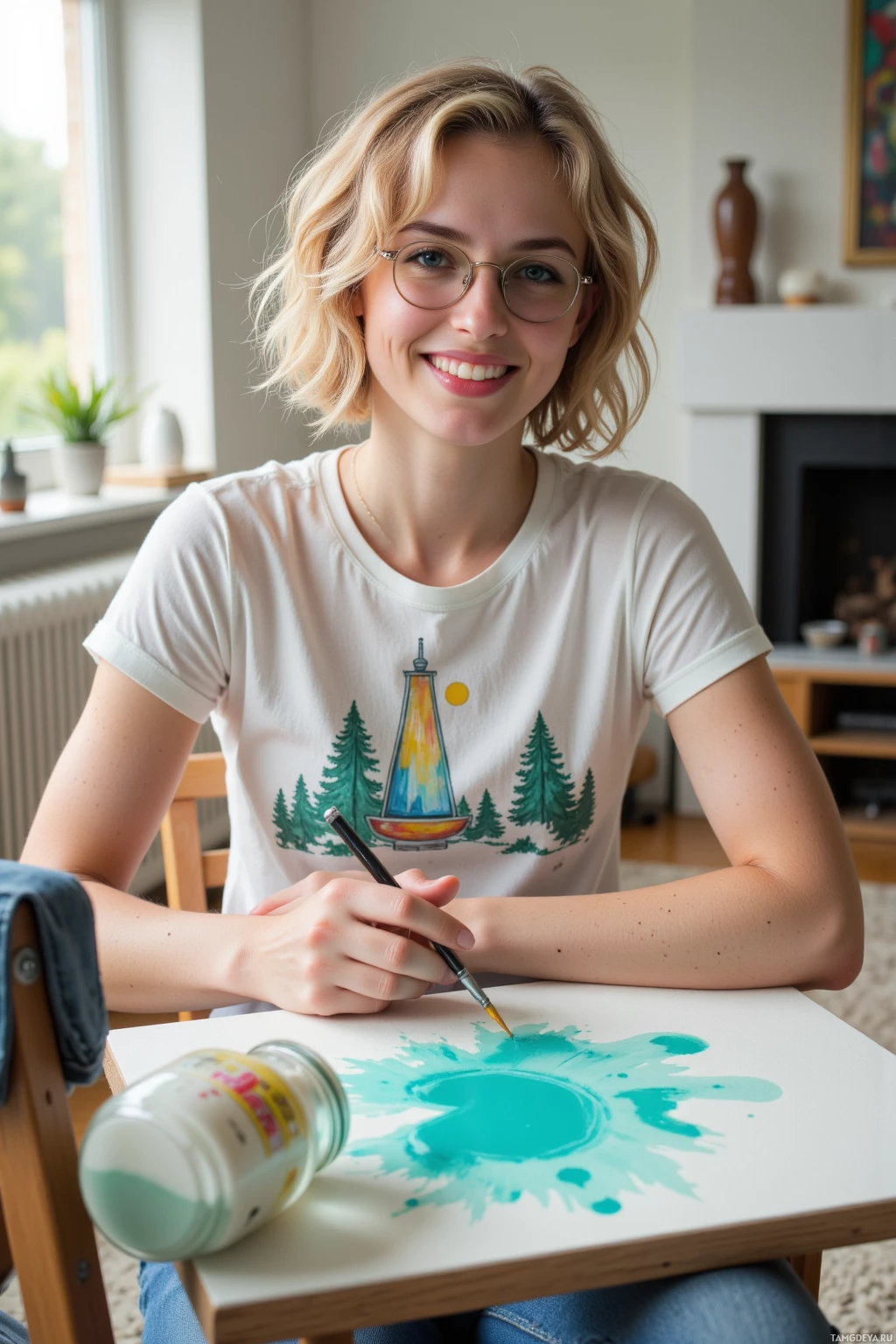 Realistic high quality photo. A cheerful 24‑year‑old woman with curly blonde hair, blue eyes, pale skin, quirky round glasses and a lamp‑themed necklace, wearing a casual graphic t‑shirt and comfy jeans, hums in a sunlit living room where a turquoise splash from a knocked‑over jar coats a canvas draped on a table and she jotting ideas in a sketchbook beside a chair.