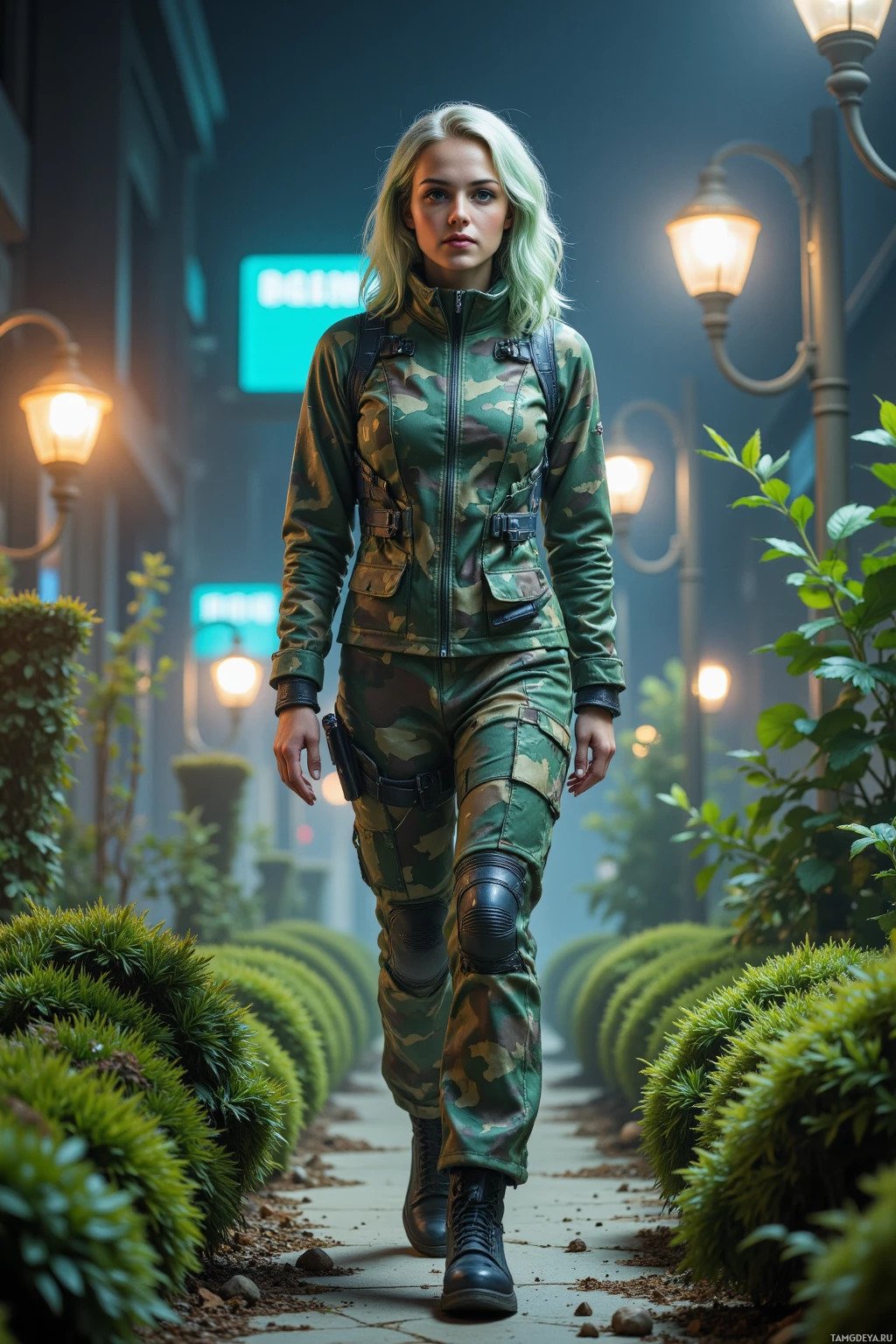 Realistic high quality photo. Female, 31, with light green curls, green eyes, wearing digital camouflage with pale reflective threads, pacing in irregular loops through a sci‑fi synthetic garden at night, dust trails forming a lattice of decay, sketching virtual moss patterns with her hands while seed pods sprout beside flickering streetlights and synthetic plants hum in the cold glow.