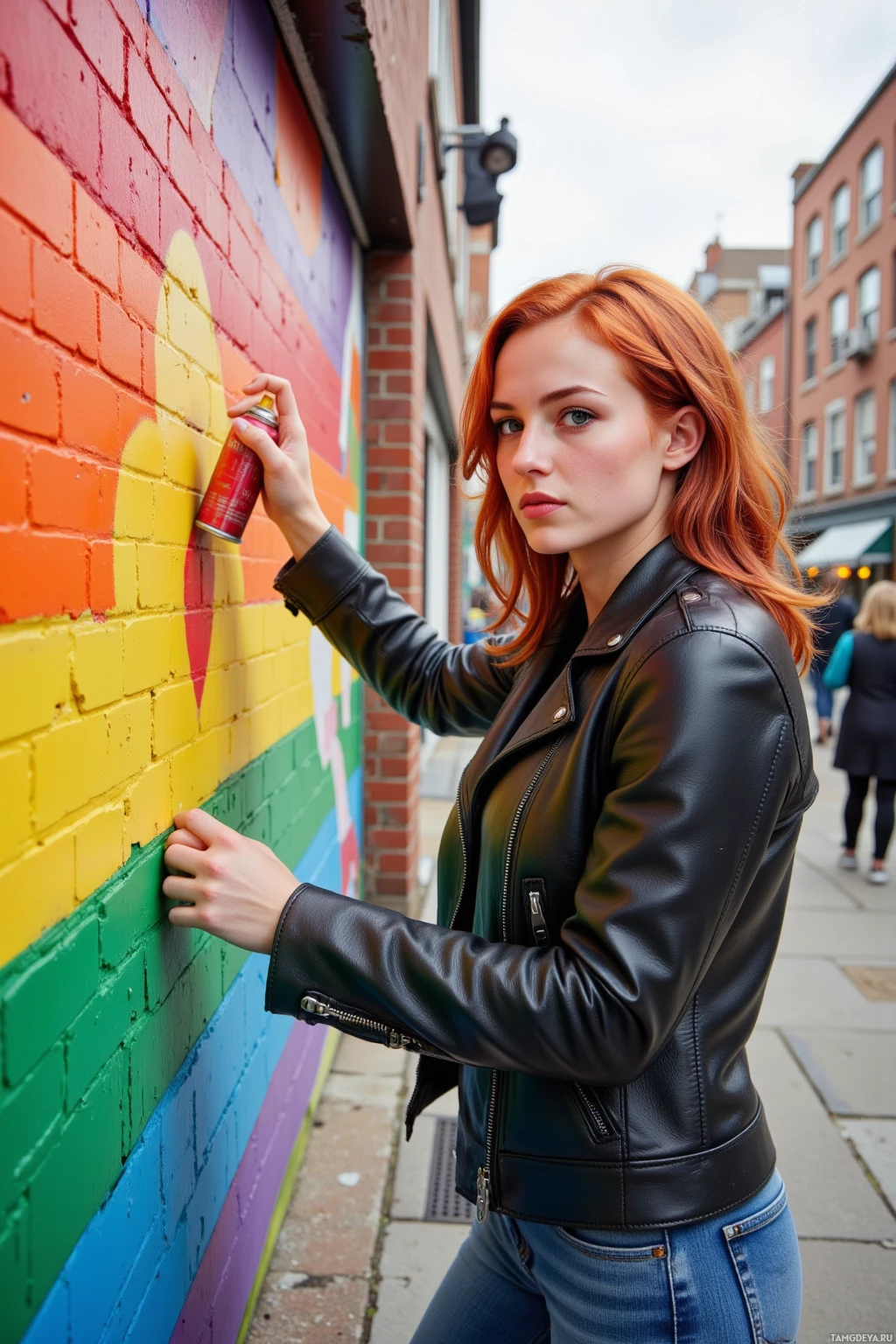 Realistic high quality photo. A fiery red‑haired woman, 29, with striking green eyes, wearing a worn leather jacket over jeans, spray‑painting a vivid rainbow mural on a brick wall in a bustling urban street at midday, with onlookers watching her intense, rebellious expression.